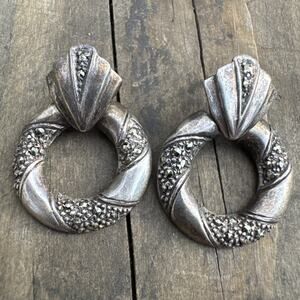 Vintage Sterling Silver Door Knocker Earrings w/ Stones No Backs Signed MH